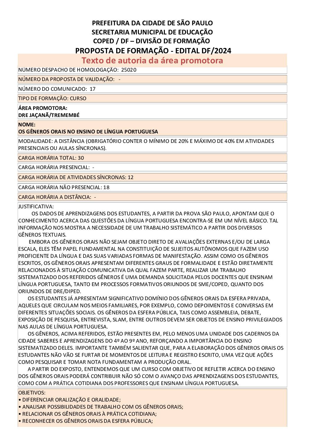 Proposta formativa homologada pela SME