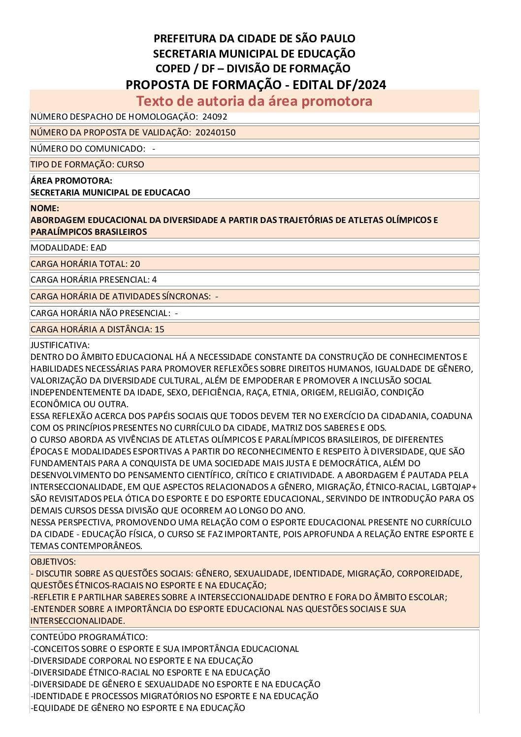 Proposta formativa homologada pela SME