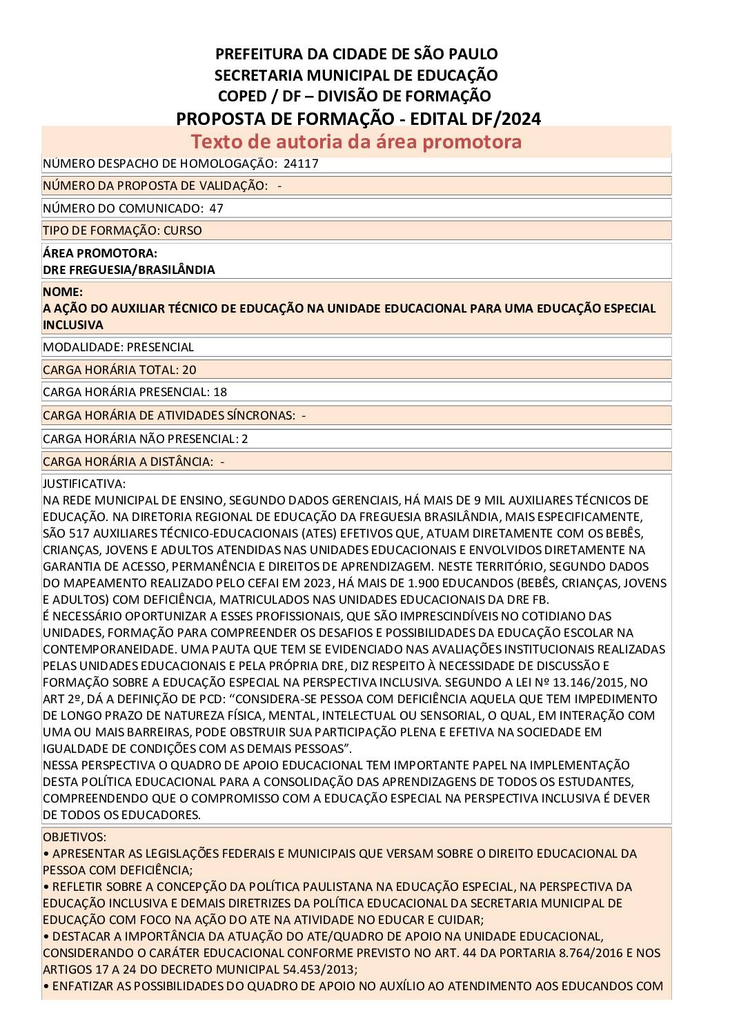 Proposta formativa homologada pela SME
