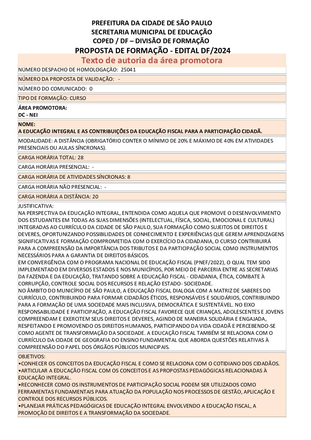 Proposta formativa homologada pela SME