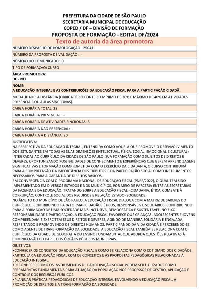 Proposta formativa homologada pela SME