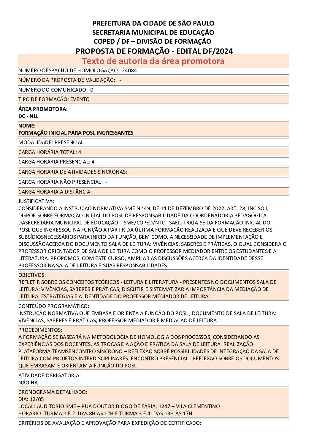 Proposta formativa homologada pela SME