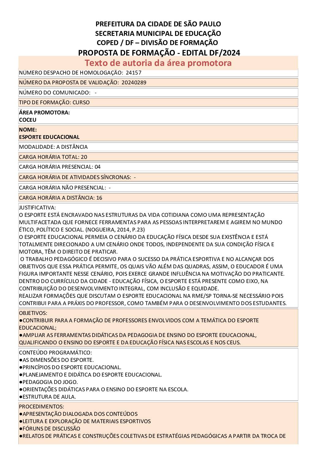Proposta formativa homologada pela SME
