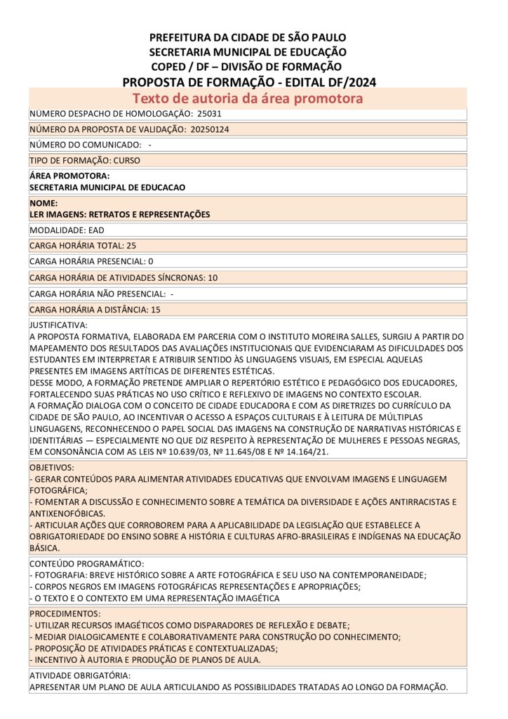 Proposta formativa homologada pela SME