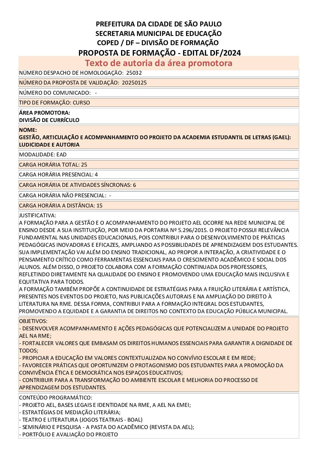 Proposta formativa homologada pela SME