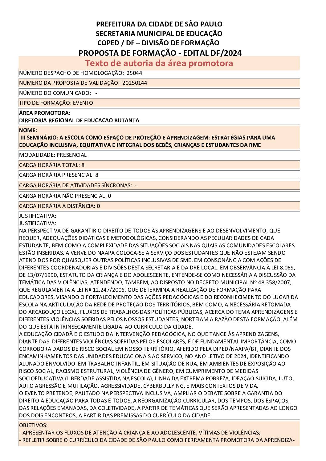 Proposta formativa homologada pela SME