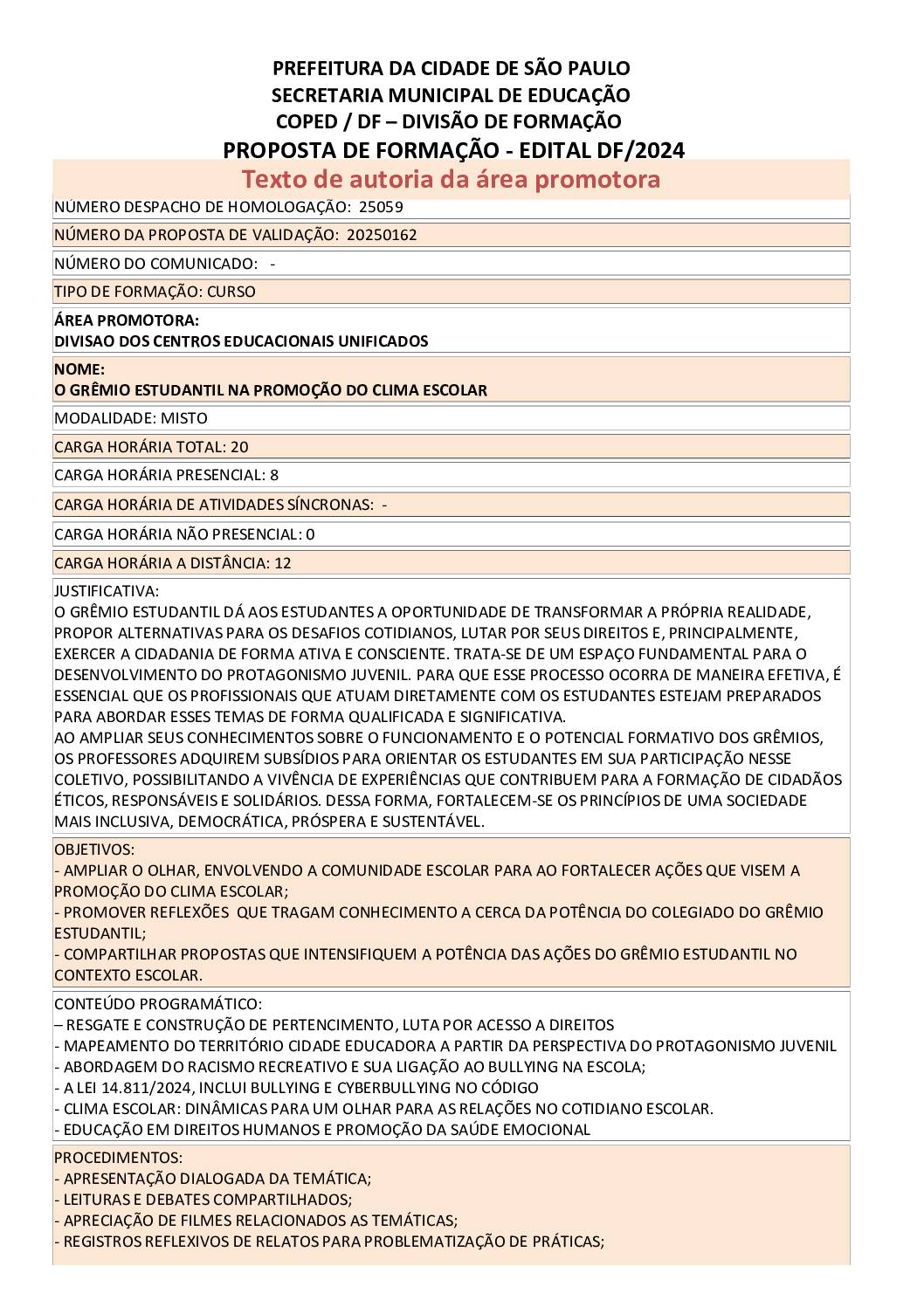 Proposta formativa homologada pela SME