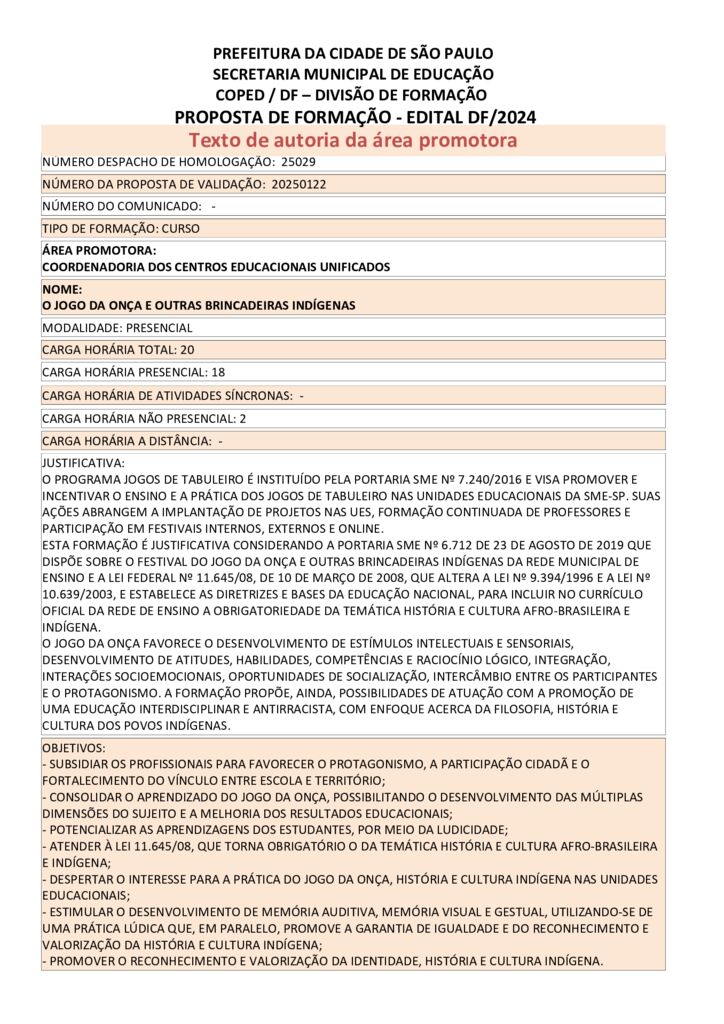 Proposta formativa homologada pela SME