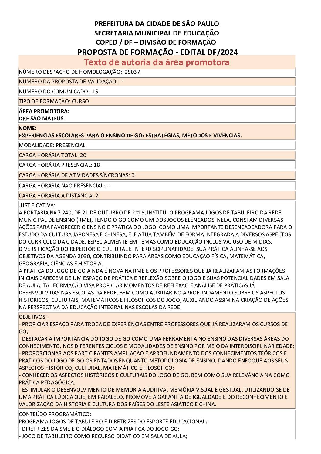 Proposta formativa homologada pela SME