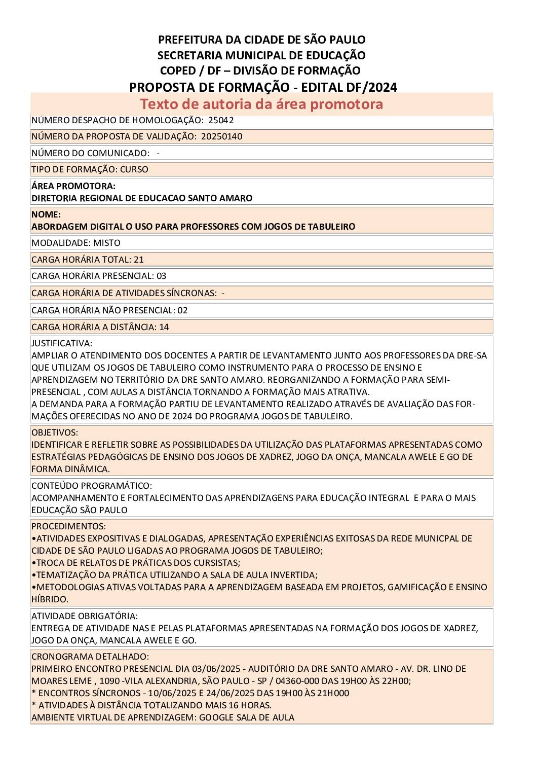 Proposta formativa homologada pela SME