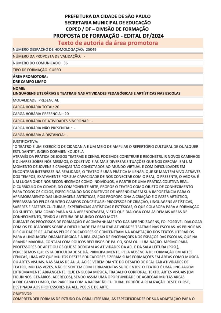 Proposta formativa homologada pela SME

