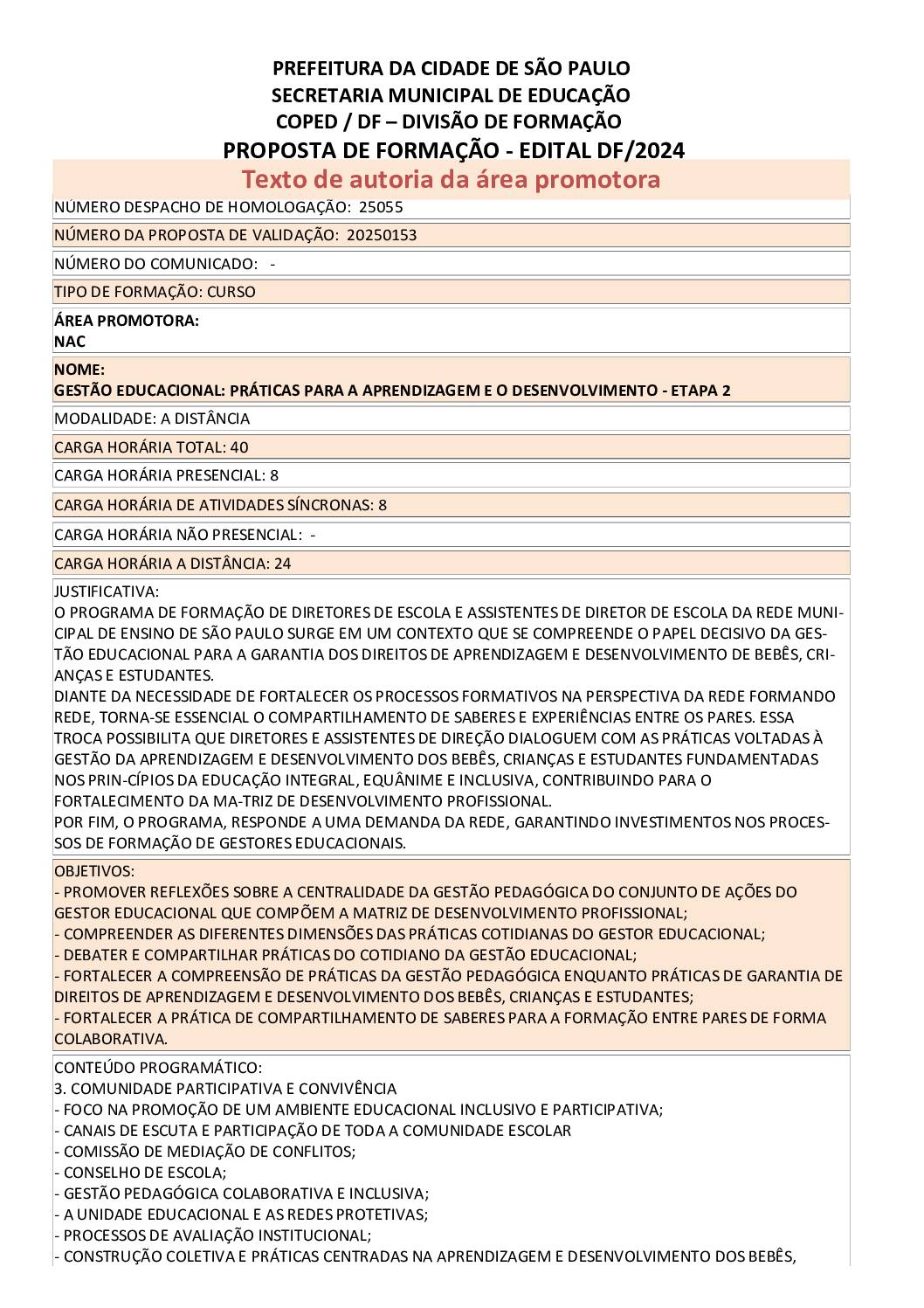 Proposta formativa homologada pela SME