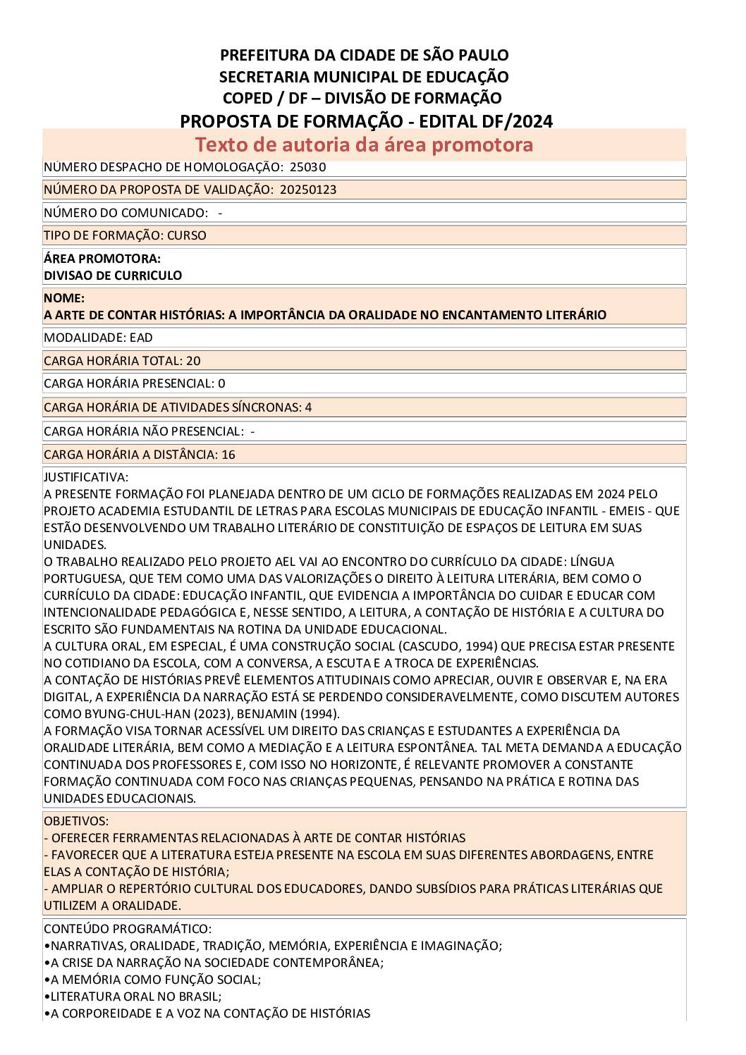 Proposta formativa homologada pela SME
