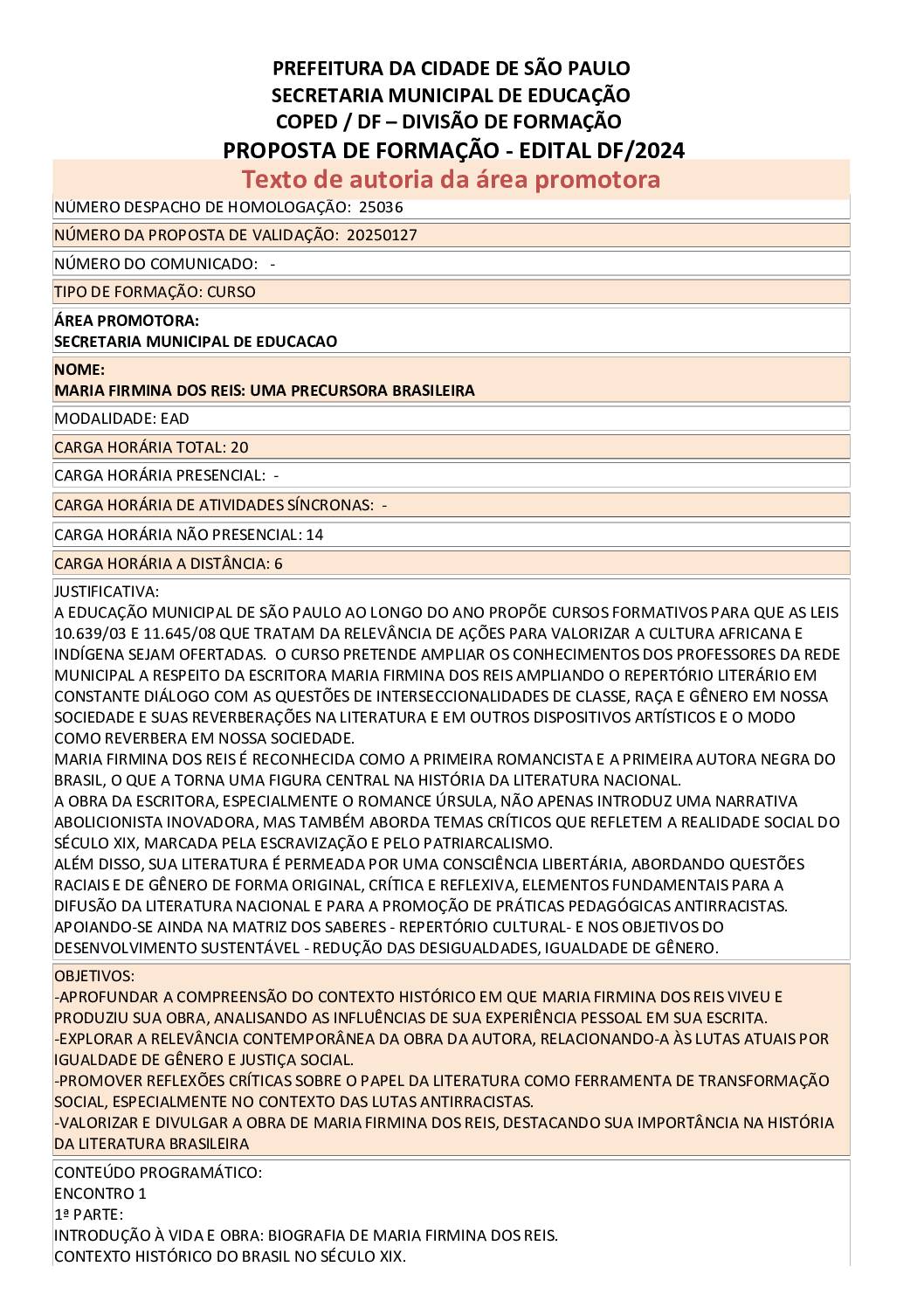 Proposta formativa homologada pela SME