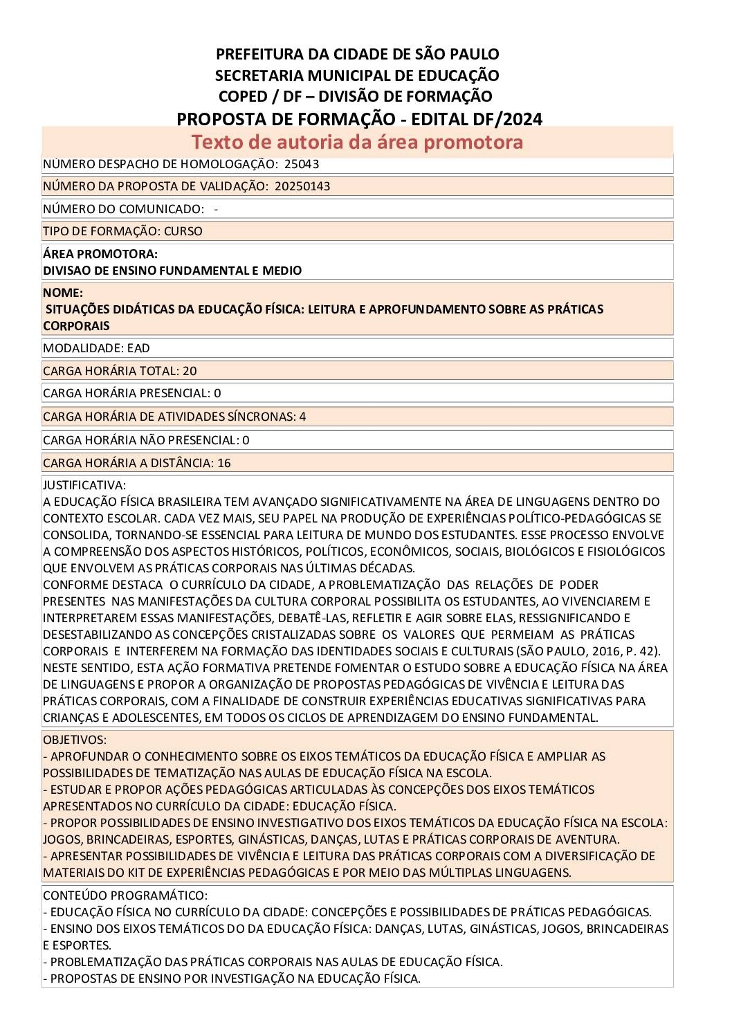Proposta formativa homologada pela SME