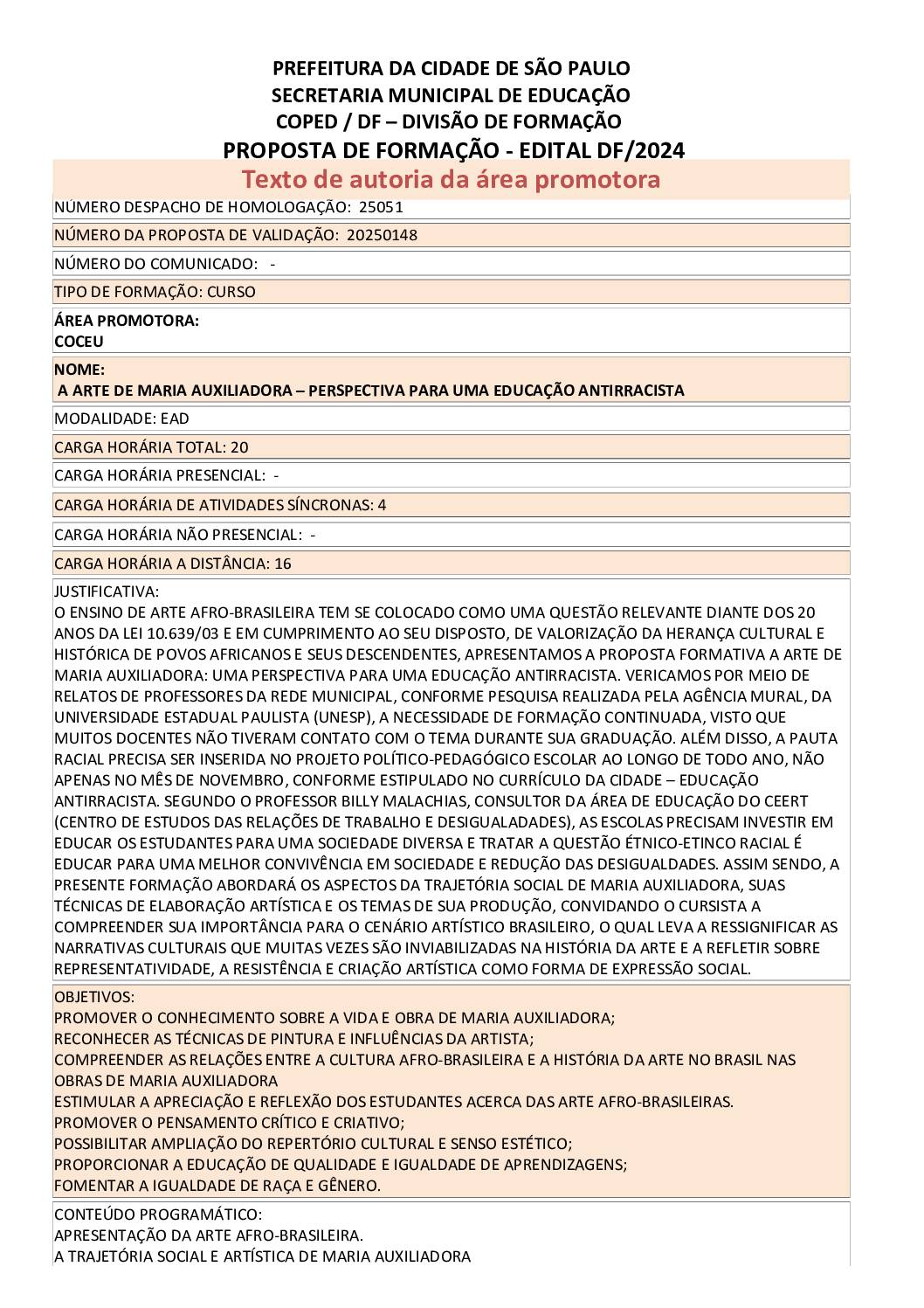 Proposta formativa homologada pela SME
