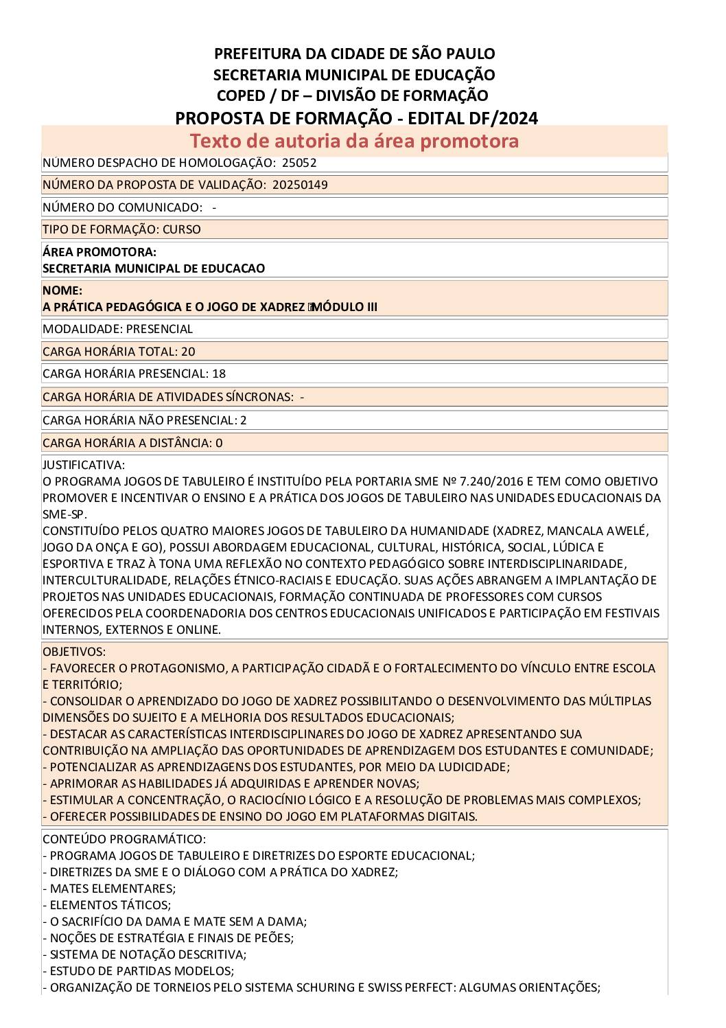 Proposta formativa homologada pela SME