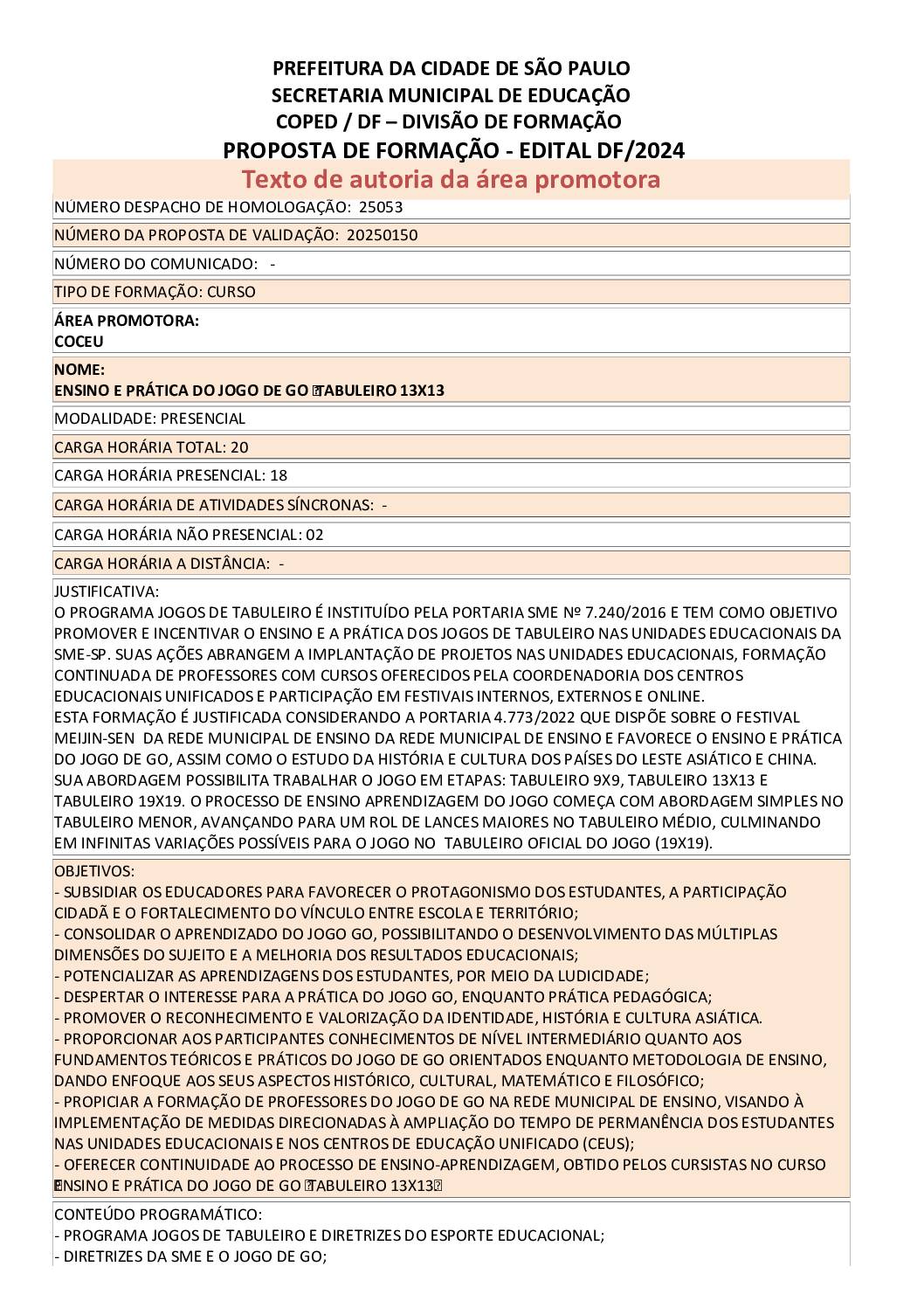 Proposta formativa homologada pela SME
