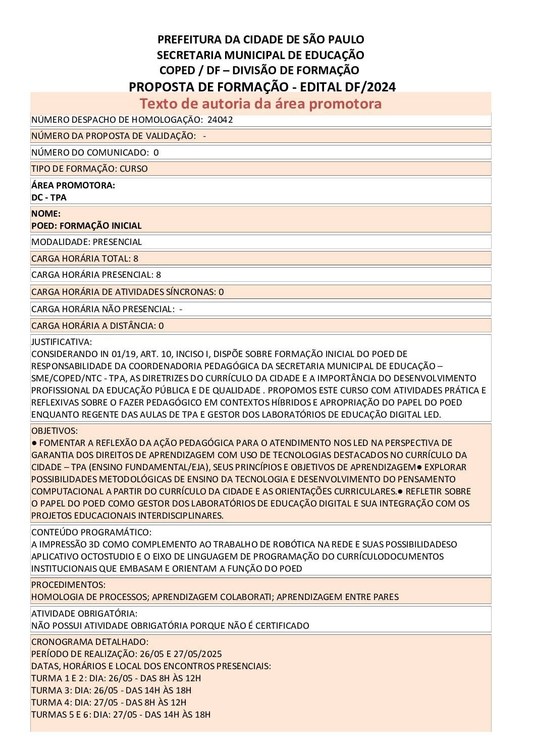 Proposta formativa homologada pela sme