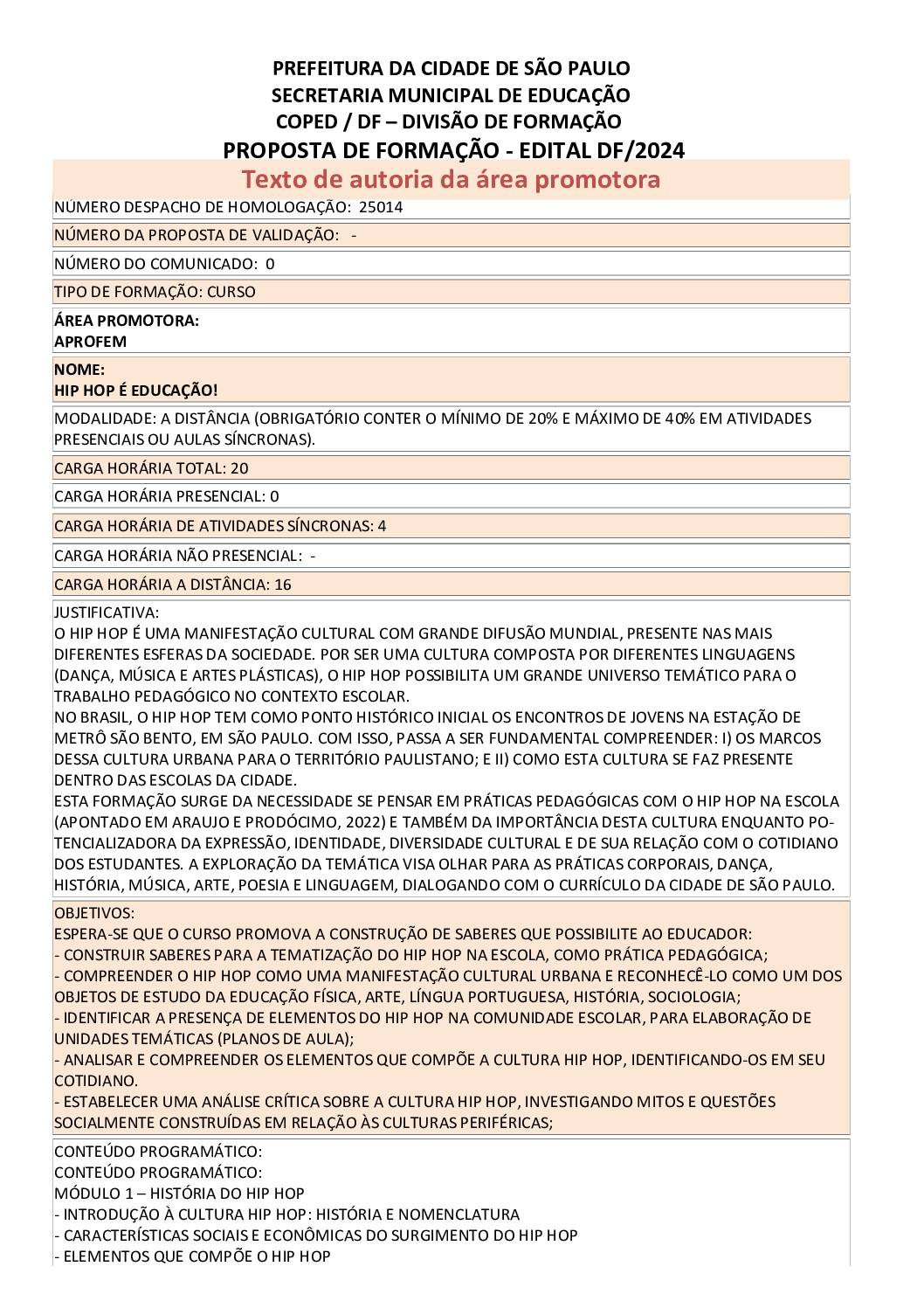 proposta formativa homologada pela SME