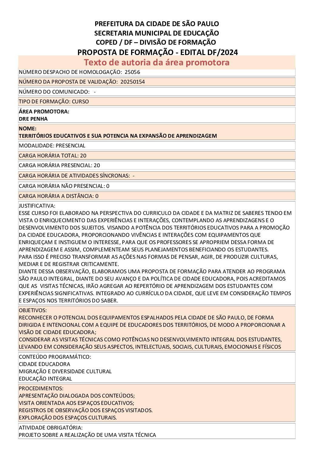 Proposta formativa homologada pela SME