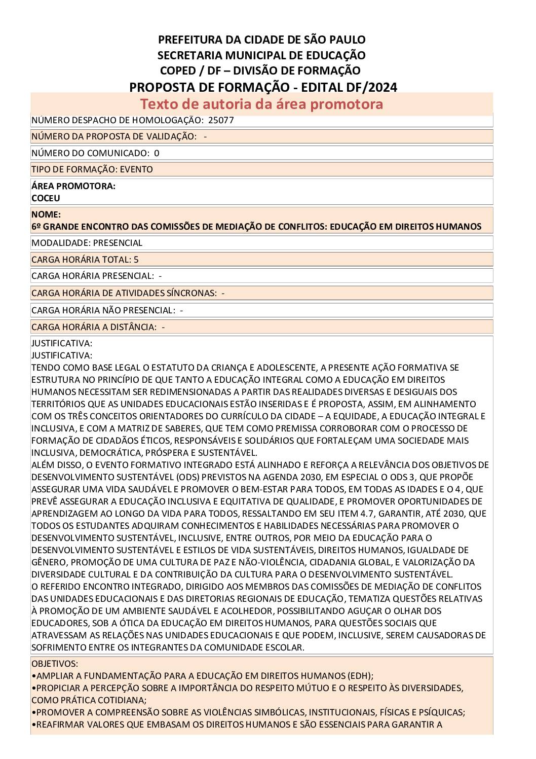 Proposta formativa homologada pela SME