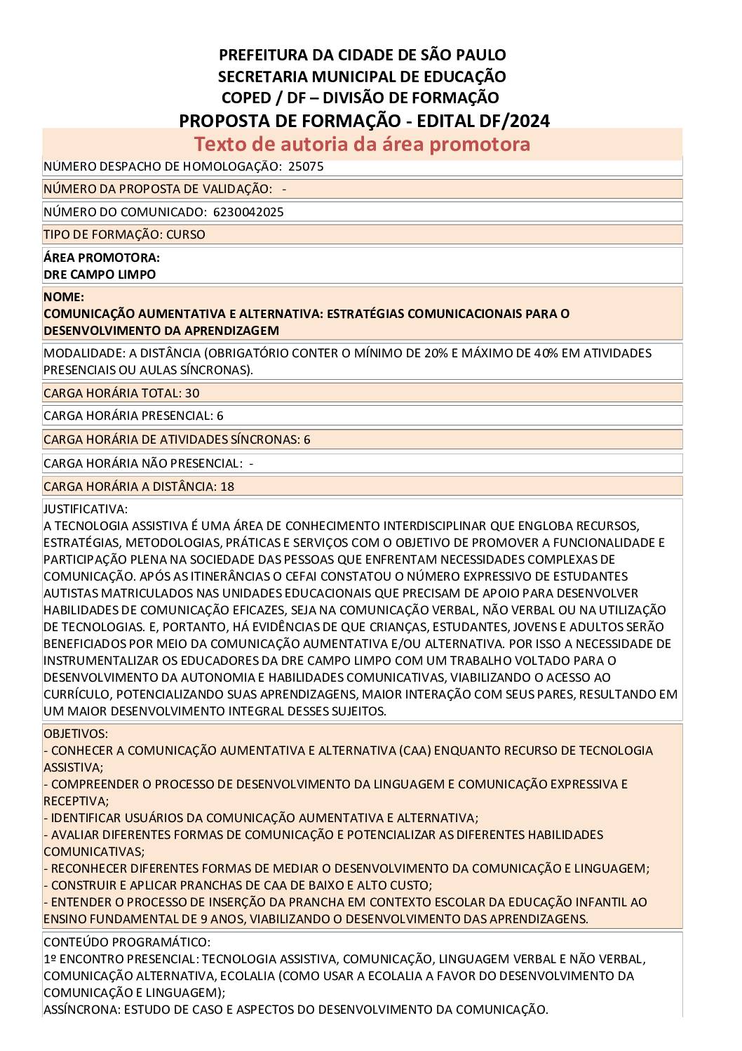 Proposta formativa homologada pela SME.