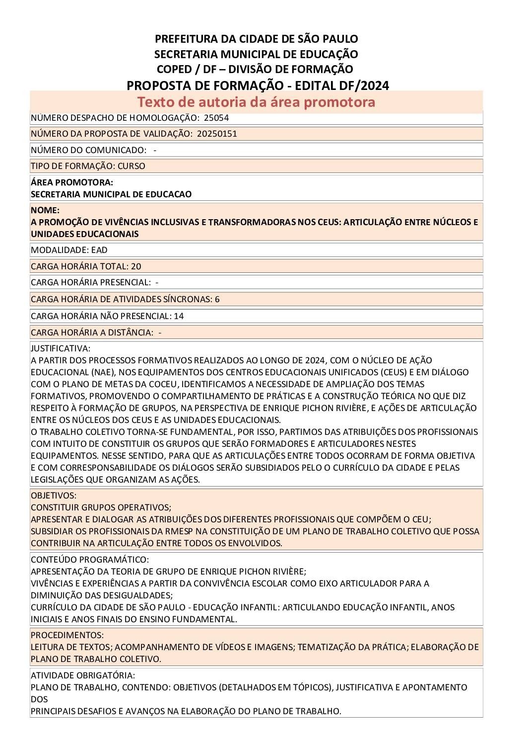 PROPOSTA FORMATIVA HOMOLOGADA PELA SME.