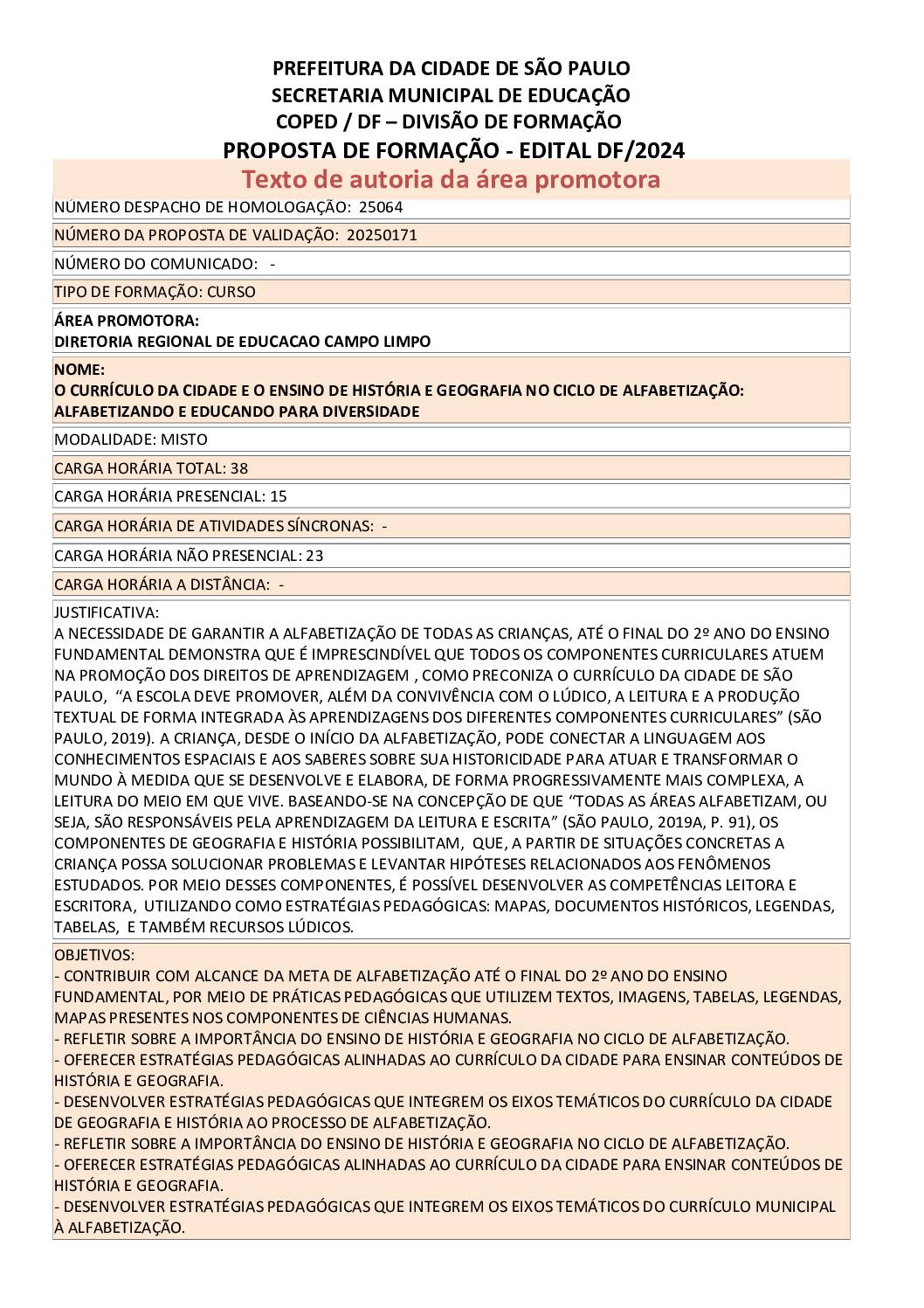 PROPOSTA FORMATIVA HOMOLOGADA PELA SME.