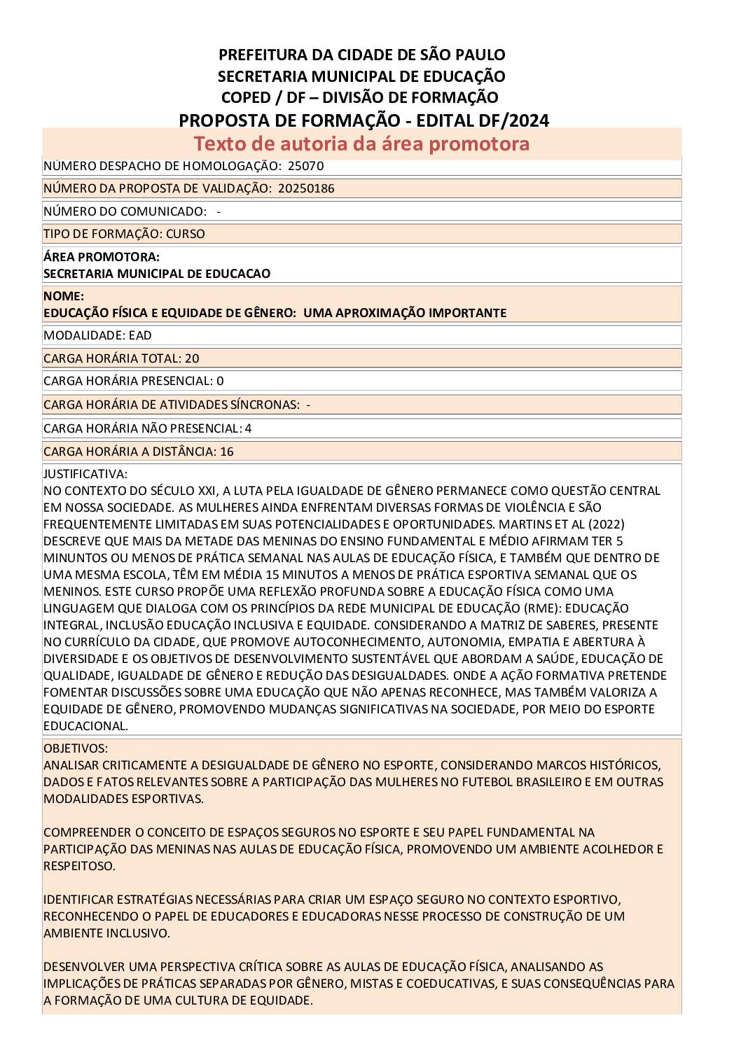PROPOSTA FORMATIVA HOMOLOGADA PELA SME.