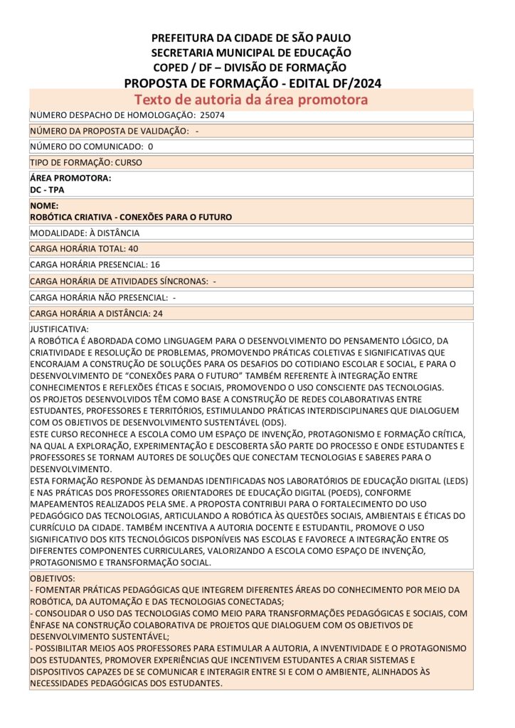 PROPOSTA FORMATIVA HOMOLOGADA PELA SME.