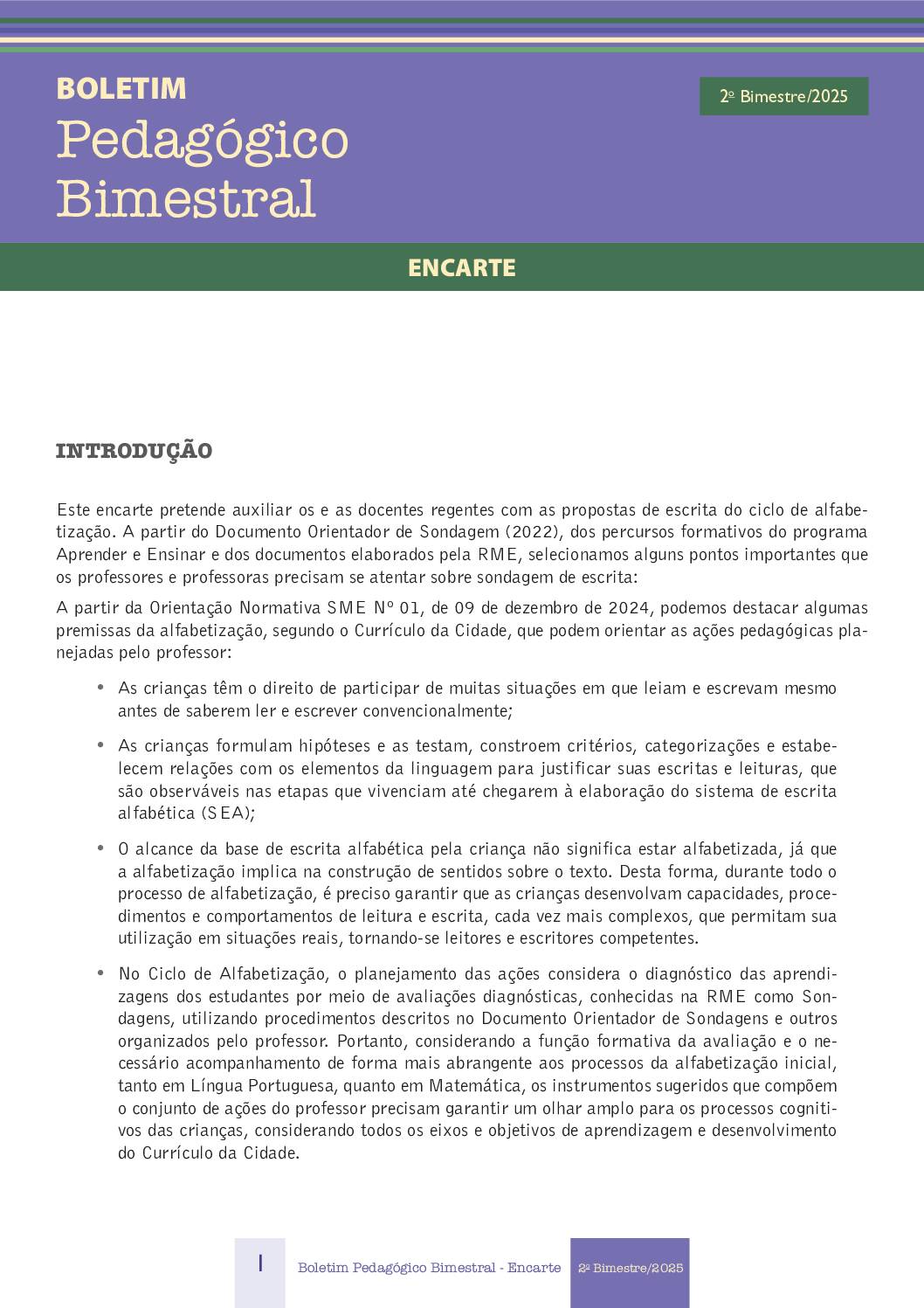 Encarte do Boletim Pedagógico da Secretaria Municipal de Educação de São Paulo referente ao 2º Bimestre de 2025.