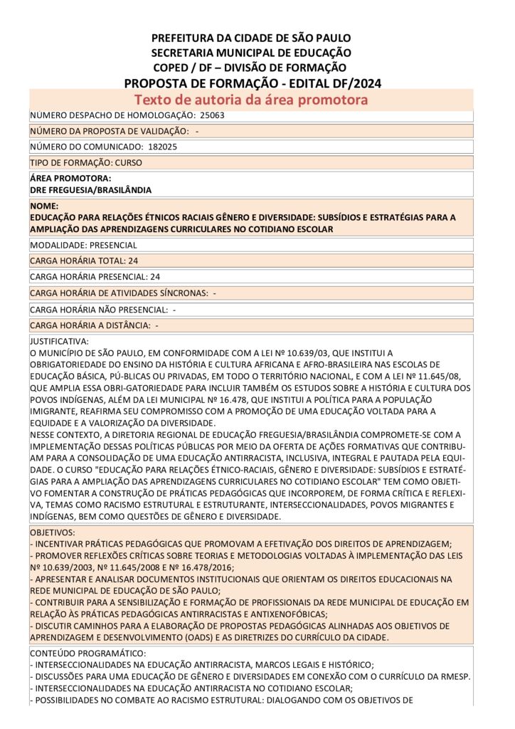 Proposta formativa homologada pela SME.