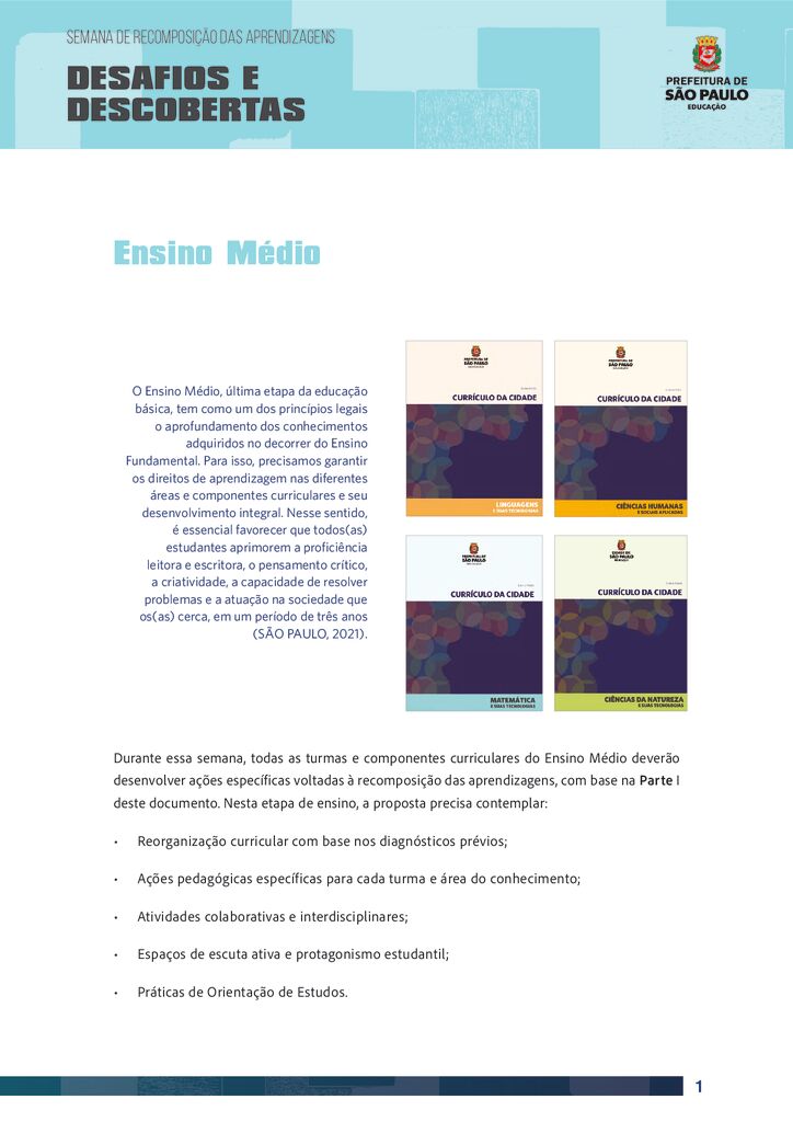 Semana de Recomposição das Aprendizagens: Desafios e Descobertas: Ensino Médio