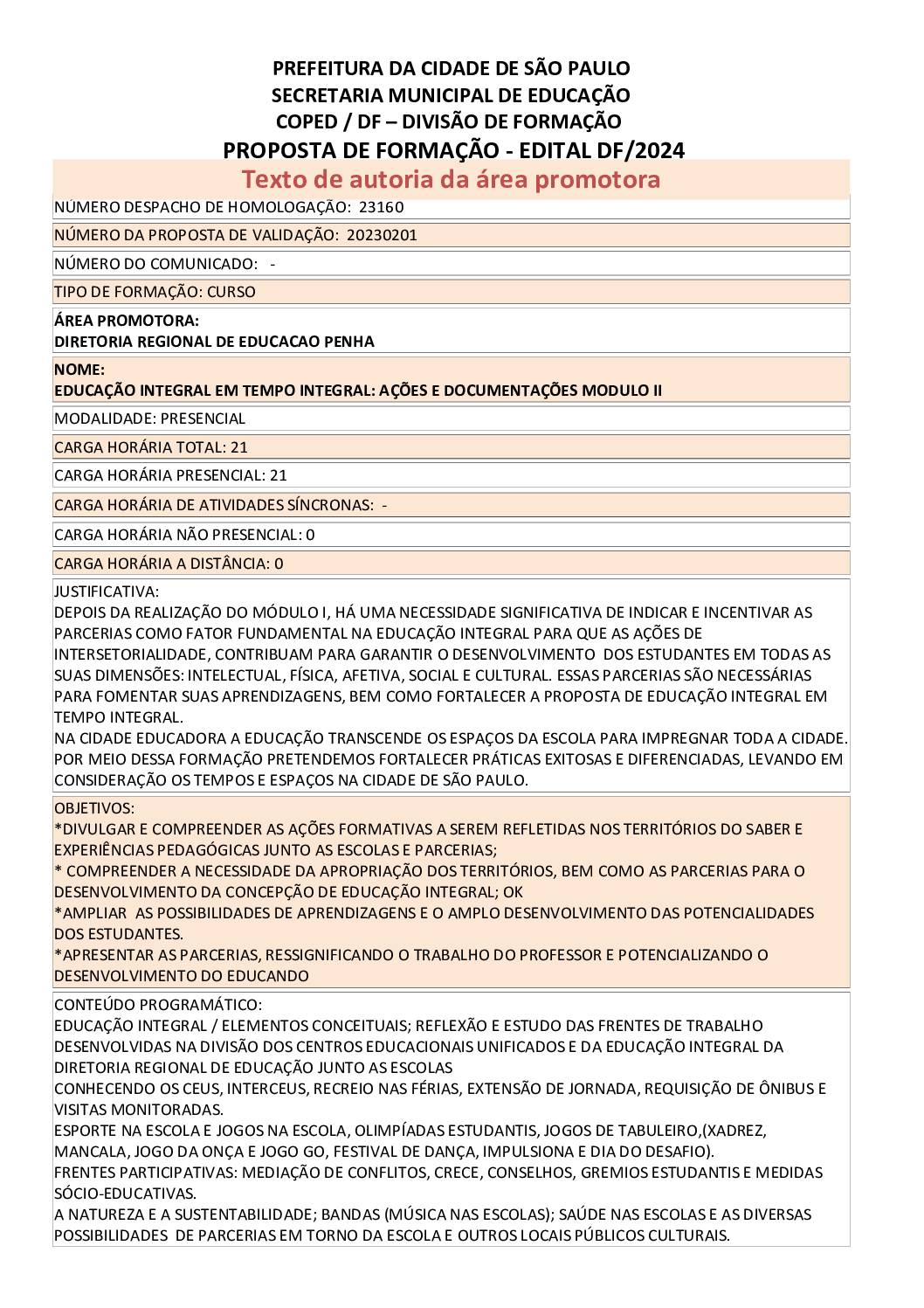 Proposta formativa homologada pela SME