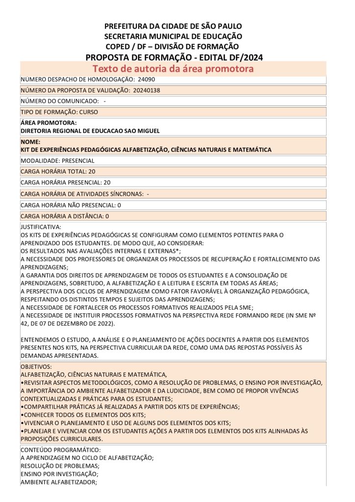 Proposta formativa homologada pela SME