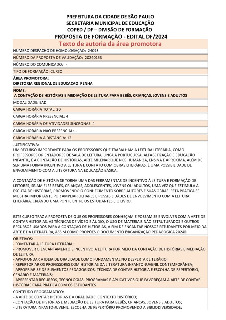 Proposta formativa homologada pela SME