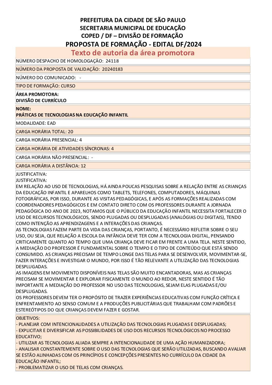 Proposta formativa homologada pela SME