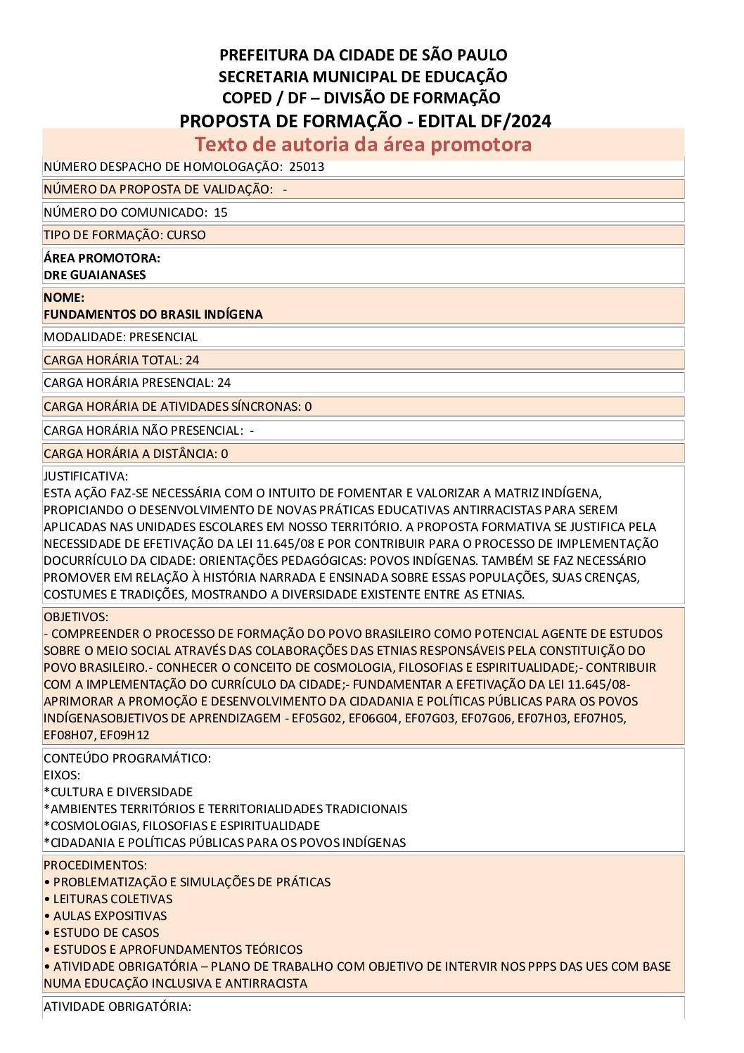 Proposta formativa homologada pela SME