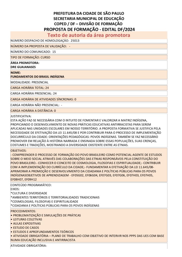 Proposta formativa homologada pela SME
