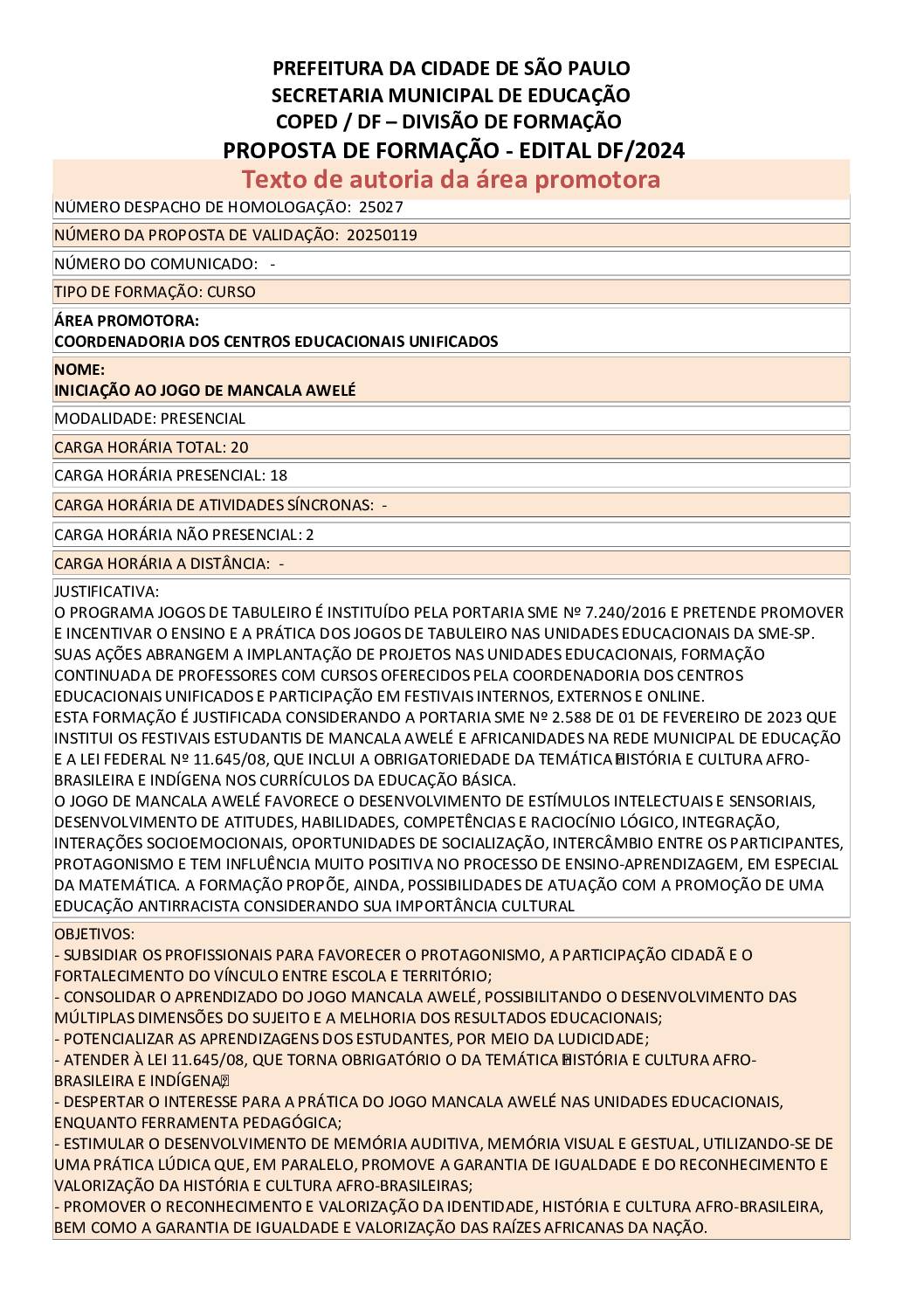 Proposta formativa homologada pela SME