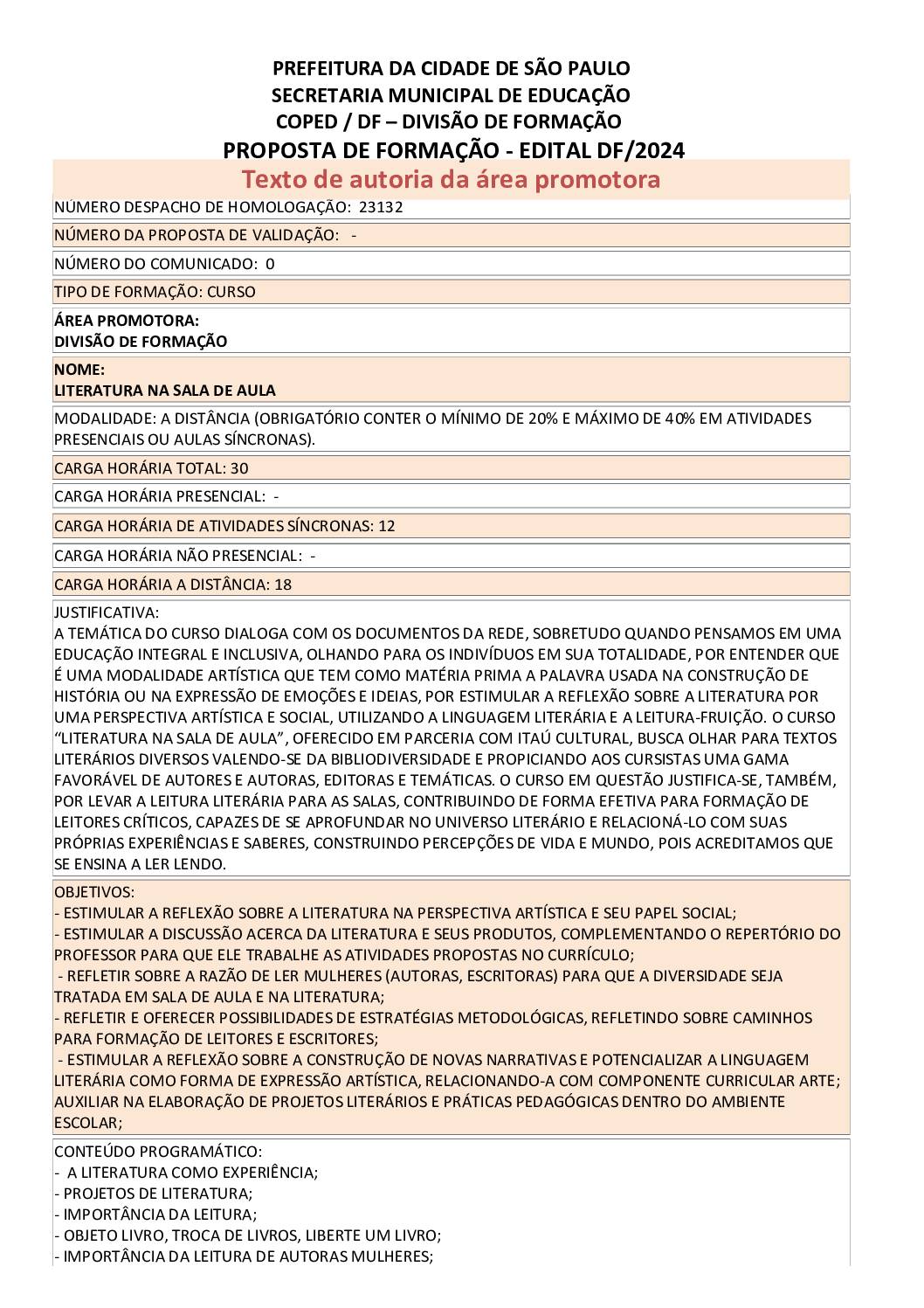 Proposta formativa homologada pela SME
