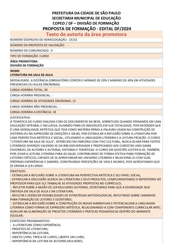 Proposta formativa homologada pela SME