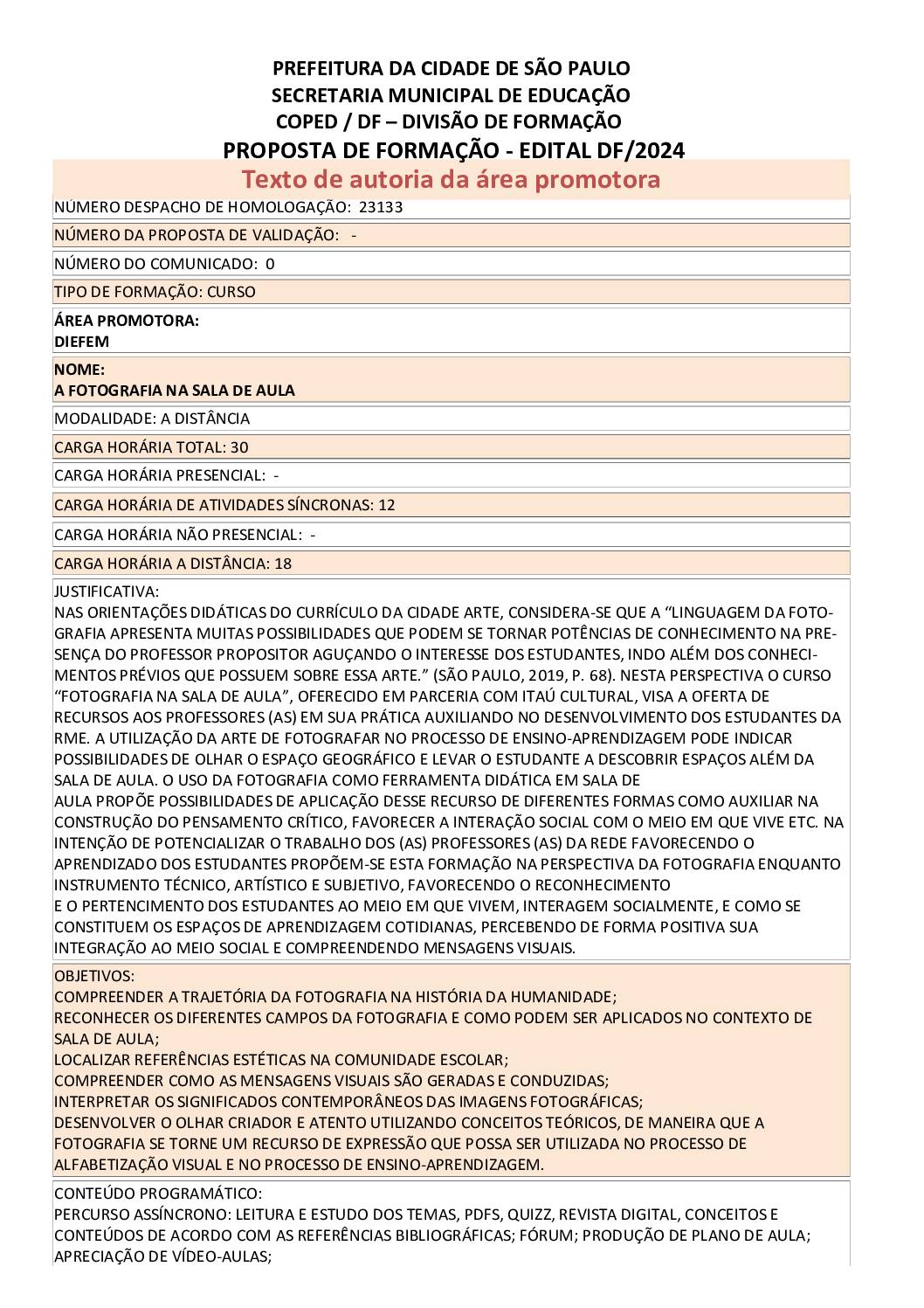 Proposta formativa homologada pela SME