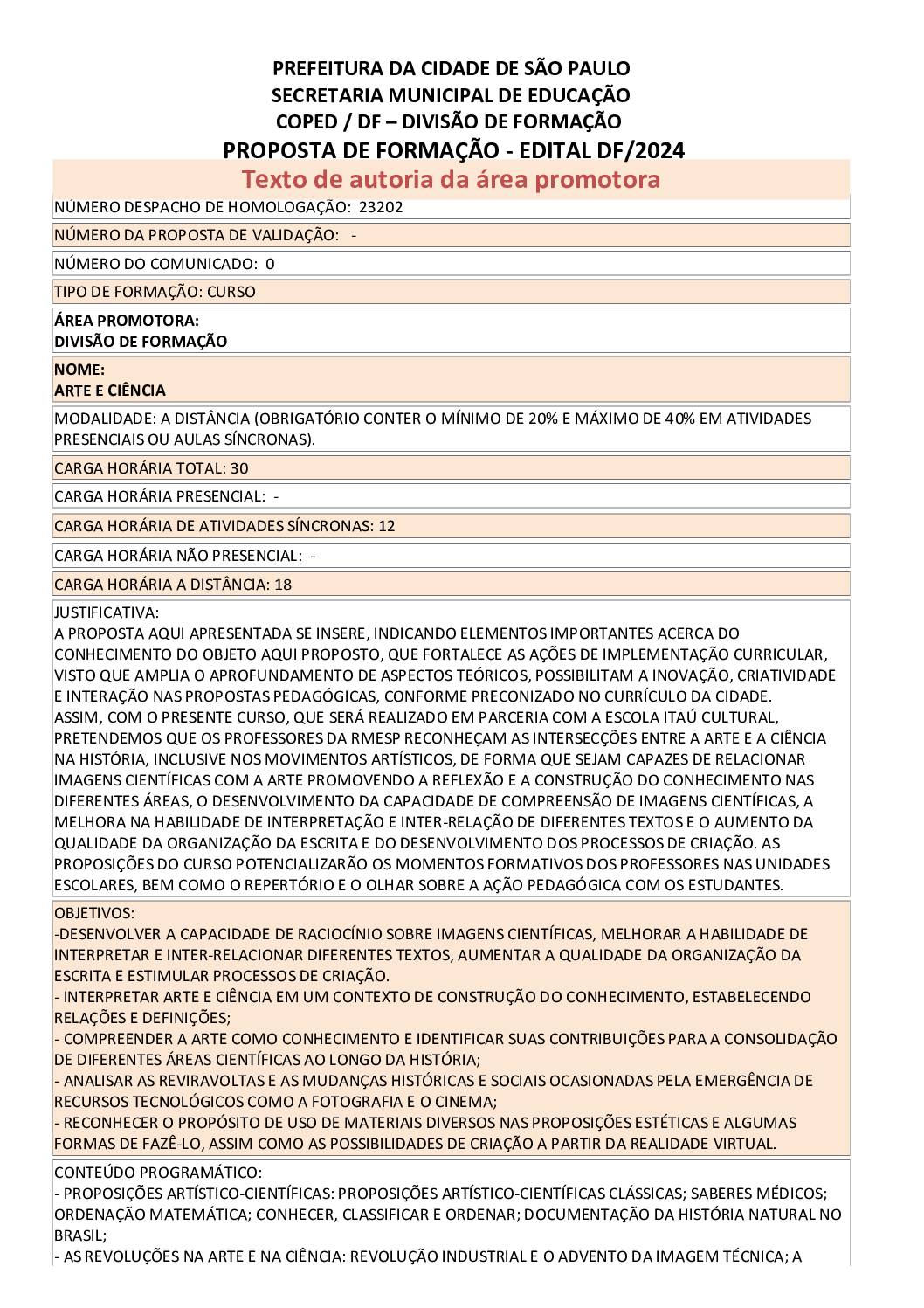 Proposta formativa homologada pela SME