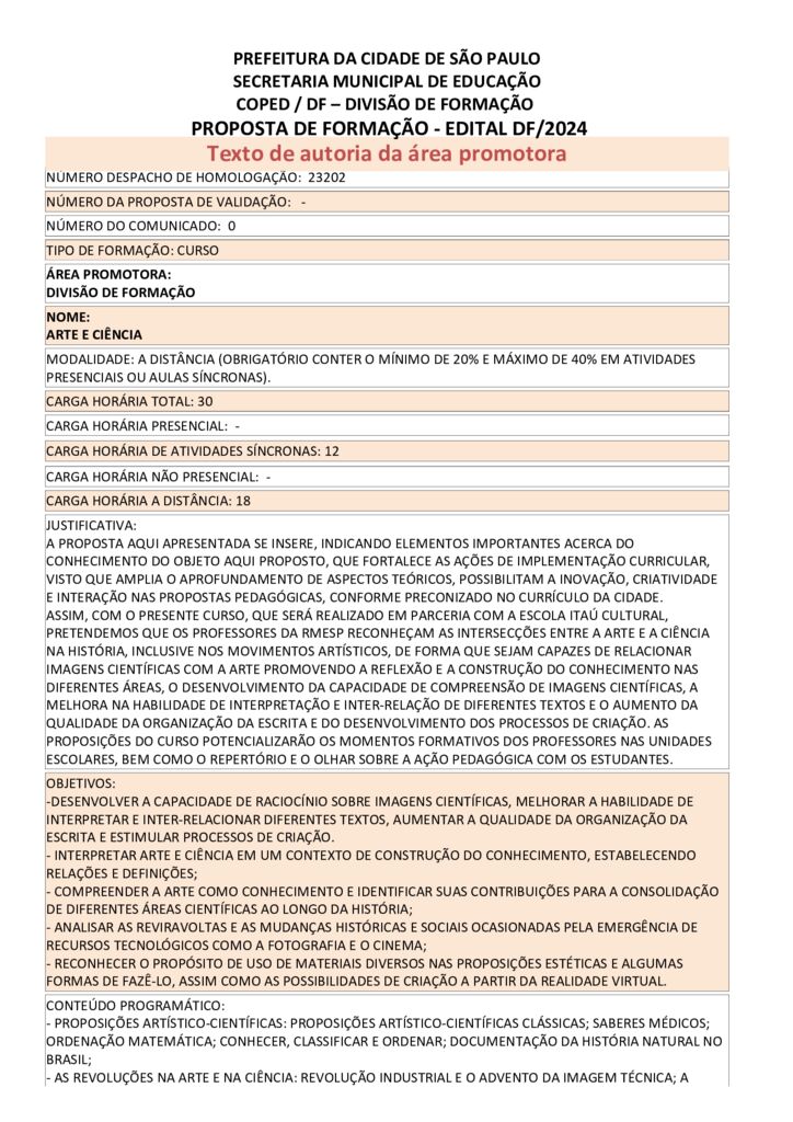 Proposta formativa homologada pela SME