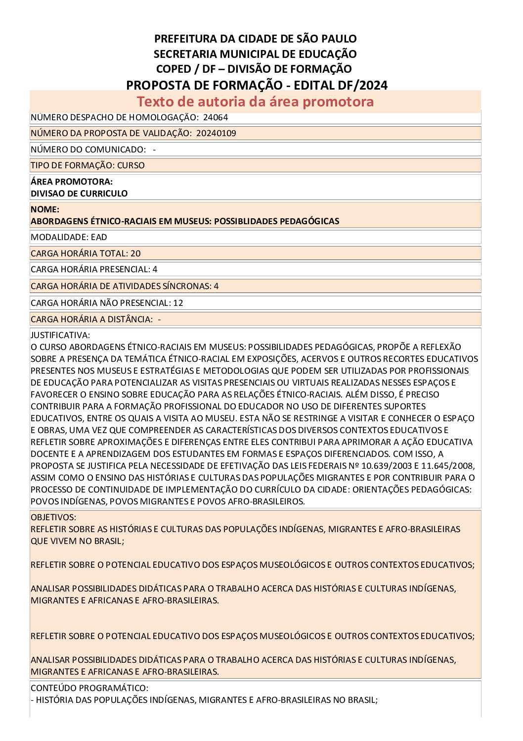 Proposta formativa homologada pelas SME