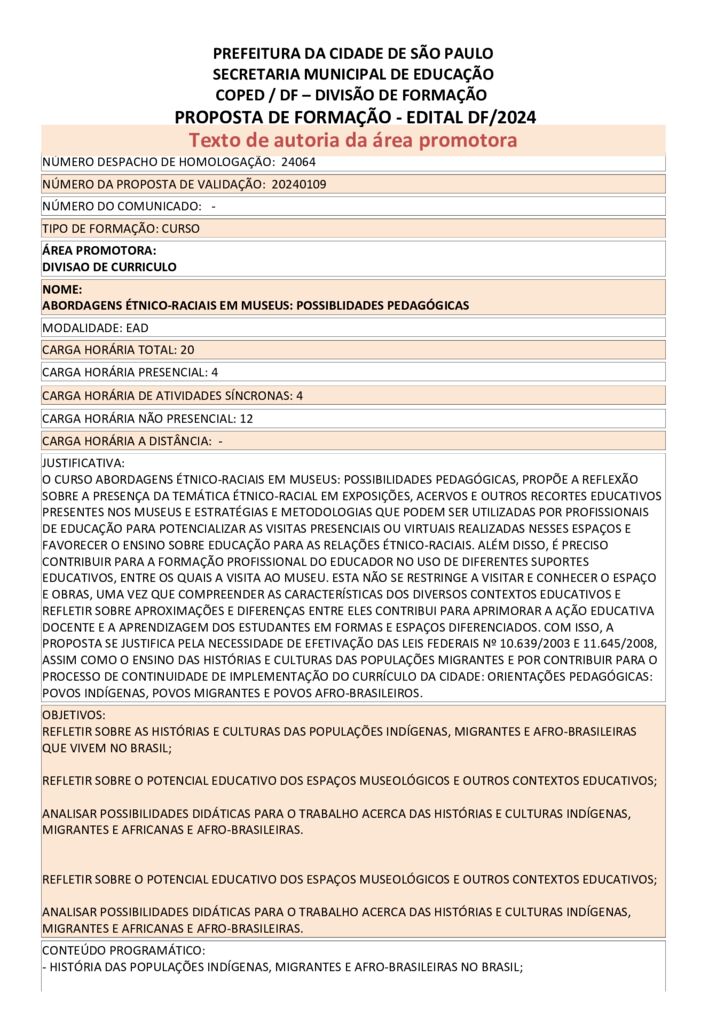 Proposta formativa homologada pelas SME