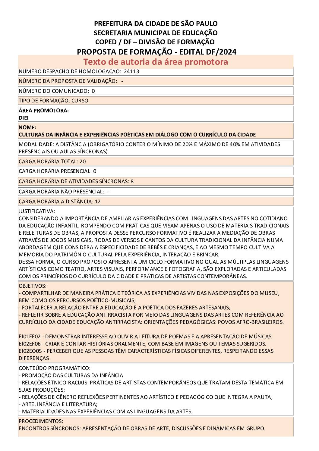 Proposta formativa homologada pela SME