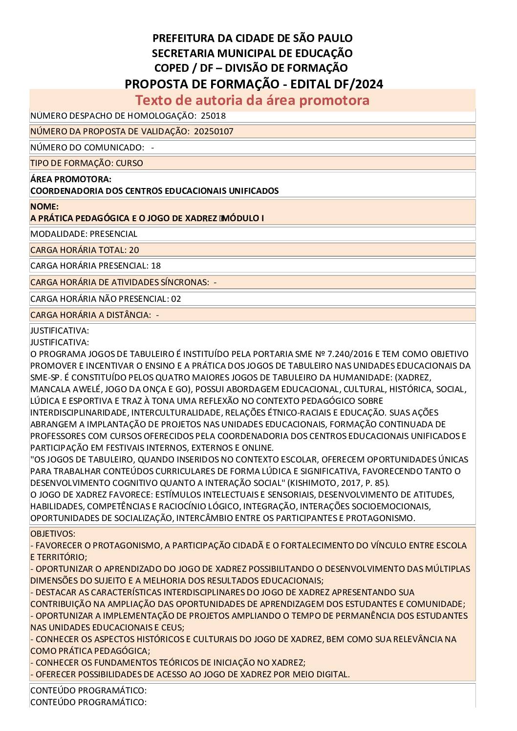 Proposta formativa homologada pela SME